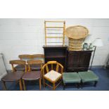 AN OAK BARLEY TWIST CORNER CHAIR, along with four mid-century dining chairs, a pair of modern