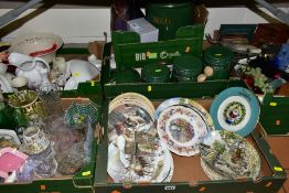 FIVE BOXES CERAMICS, GLASS AND SUNDRY ITEMS ETC, to include Wedgwood collectors plates - Life on the