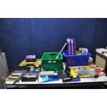 TWO BOXES AND TWO CASES OF AUTOMOTIVE TOOLS AND ACCESORIES to include micrometers, vernier calipers,