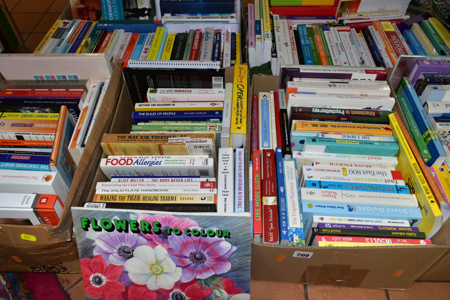 BOOKS, six boxes containing approximately 205 titles mostly concerning health, well-being, diet,