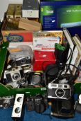 TWO BOXES OF PHOTOGRAPHIC EQUIPMENT AND A BOXED TEVION SOUND USB TURNTABLE, the photographic