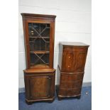 A MAHOGANY BOW FRONT DRINKS CABINET (no key) and a mahogany and glazed corner cupboard (one key) (