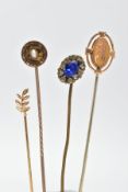 FOUR STICKPINS, four yellow metal stickpins one set with a single seed pearl, one engraved with