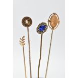 FOUR STICKPINS, four yellow metal stickpins one set with a single seed pearl, one engraved with