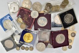 A SMALL BOX OF MAINLY CROWN SIZE COINS, to include an 1887 Victoria Jubilee Crown coin, a George V