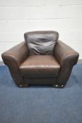 A BROWN LEATHER ARMCHAIR, width 106cm
