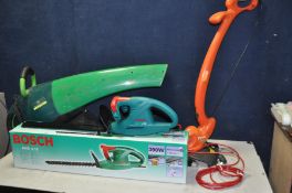 A BOSCH AHS 4-16 hedge trimmer with Gardenline ELE 1800 garden vac and a Flymo PWT23 strimmer (all