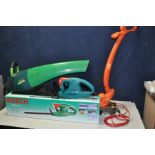 A BOSCH AHS 4-16 hedge trimmer with Gardenline ELE 1800 garden vac and a Flymo PWT23 strimmer (all