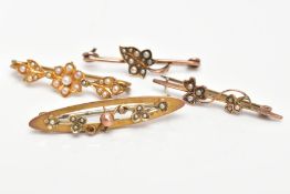 FOUR LATE 19TH AND EARLY 20TH CENTURY BAR BROOCHES, to include a double clover leaf brooch set