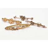 FOUR LATE 19TH AND EARLY 20TH CENTURY BAR BROOCHES, to include a double clover leaf brooch set