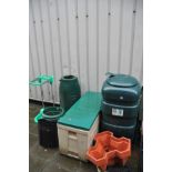 TWO WATER BUTTS, a plastic garden storage box, various plastic planters etc