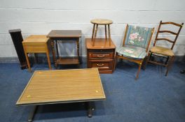 A SELECTION OF OCCASIONAL FURNITURE, to include a cherrywood bedside cabinet, an oak sewing box, oak