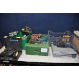 A SELECTION OF ELECTRICAL TOOLS to include Black and Decker drills, heat gun, jigsaws, Energer