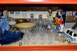 A GROUP OF CERAMIC FIGURINES, CUT CRYSTAL AND OTHER GLASSWARES, to include a Royal Doulton Sarah