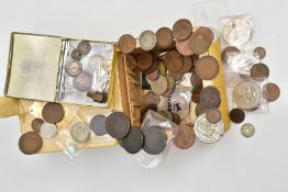 A FITTED MAGNOLIA BOX CONTAINING SOME WORLD COINS, to include a Small amount of silver, an Australia