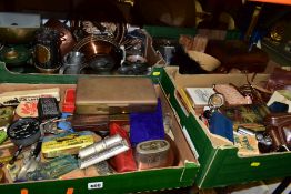 FOUR BOXES OF METALWARES, TREEN, SUNDRIES, VINTAGE PACKAGING AND ADVERTISING ITEMS, to include a