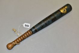 A WILLIAM IV PAINTED WOODEN TRUNCHEON, the blue ground with gilt crown above 'IV. WR. E. 28.',