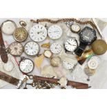 A SELECTION OF WHITE METAL POCKET WATCHES, WRISTWATCHES, WATCH MOVEMENTS AND PARTS, to include