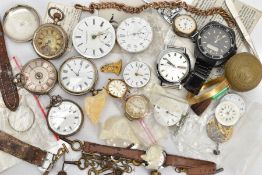 A SELECTION OF WHITE METAL POCKET WATCHES, WRISTWATCHES, WATCH MOVEMENTS AND PARTS, to include