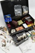 A BOX OF ASSORTED ITEMS, to include five loose, cut and polished colourless gemstones assessed as