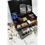 A BOX OF ASSORTED ITEMS, to include five loose, cut and polished colourless gemstones assessed as