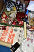 TWO BOXES AND LOOSE LAMPS, ORNAMENTS, MILITARY EPHEMERA, CHRISTMAS DECORATIONS, DVDS AND SUNDRY