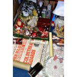 TWO BOXES AND LOOSE LAMPS, ORNAMENTS, MILITARY EPHEMERA, CHRISTMAS DECORATIONS, DVDS AND SUNDRY