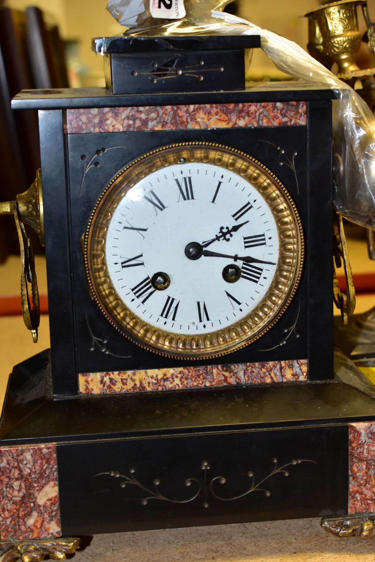 TWO SLATE AND MARBLE AND GILT METAL MANTLE CLOCKS, comprising a clock garniture signed Theophile Job - Image 3 of 15