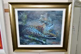 ROLF HARRIS (AUSTRALIAN 1930) 'LEOPARD RECLINING AT DUSK', a signed limited edition print 35/195, no