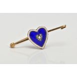 A VICTORIAN ENAMEL, PEARL AND DIAMOND BROOCH, centring on a blue guilloche enamel heart, with a