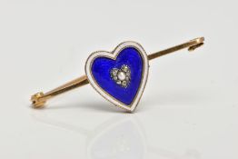 A VICTORIAN ENAMEL, PEARL AND DIAMOND BROOCH, centring on a blue guilloche enamel heart, with a