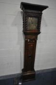 A GEORGIAN AND LATER OAK EIGHT DAY LONGCASE CLOCK, the square hood with half barley twist detail and