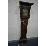 A GEORGIAN AND LATER OAK EIGHT DAY LONGCASE CLOCK, the square hood with half barley twist detail and