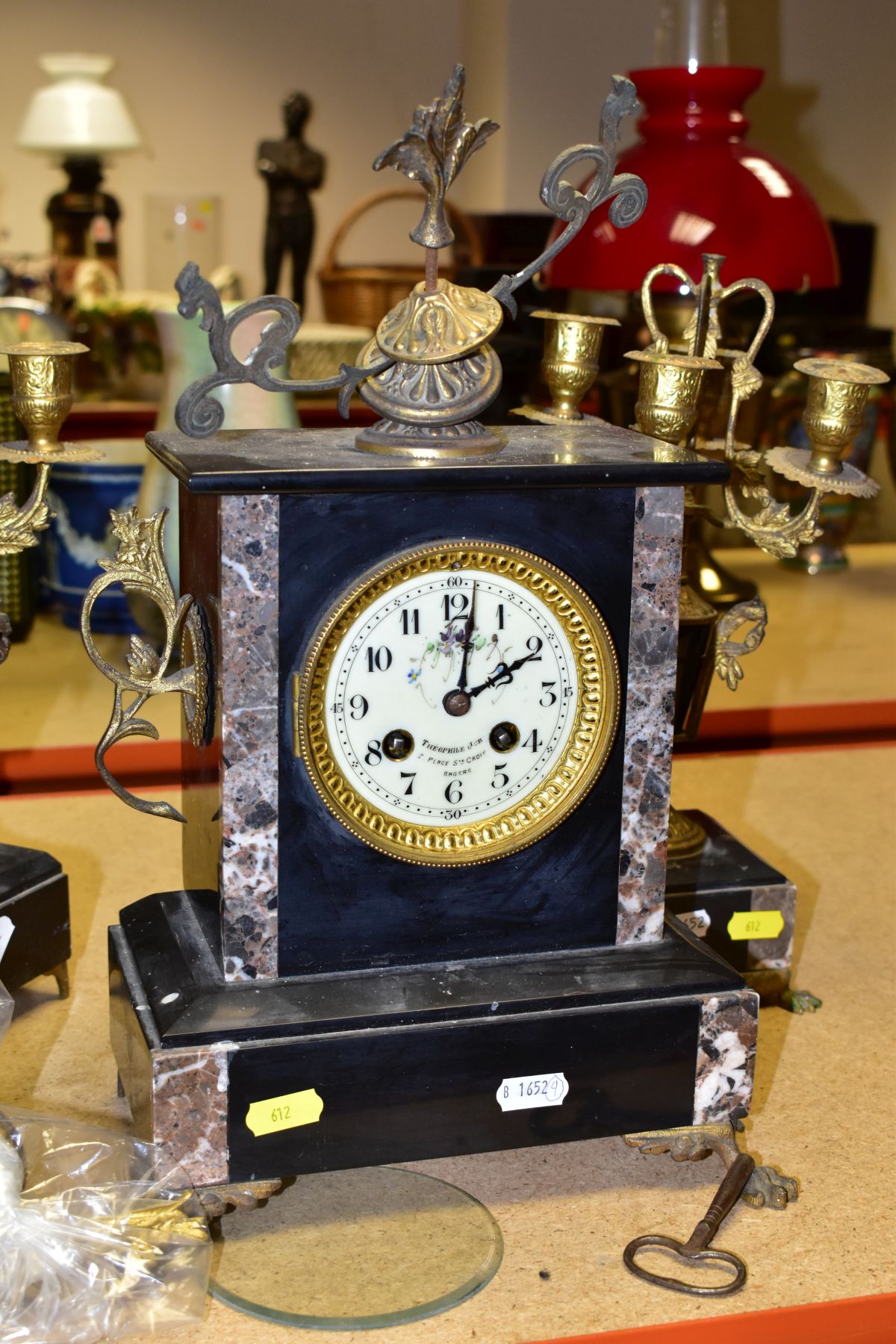 TWO SLATE AND MARBLE AND GILT METAL MANTLE CLOCKS, comprising a clock garniture signed Theophile Job - Image 9 of 15