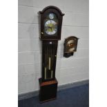 A MODERN MAHOGANY GRANDDAUGHTER CLOCK, with a silvered dial, tempus fugit to arch, signed western