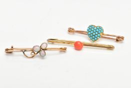 THREE LATE 19TH TO EARLY 20TH CENTURY GEM SET BAR BROOCHES, to include a floral design opal set