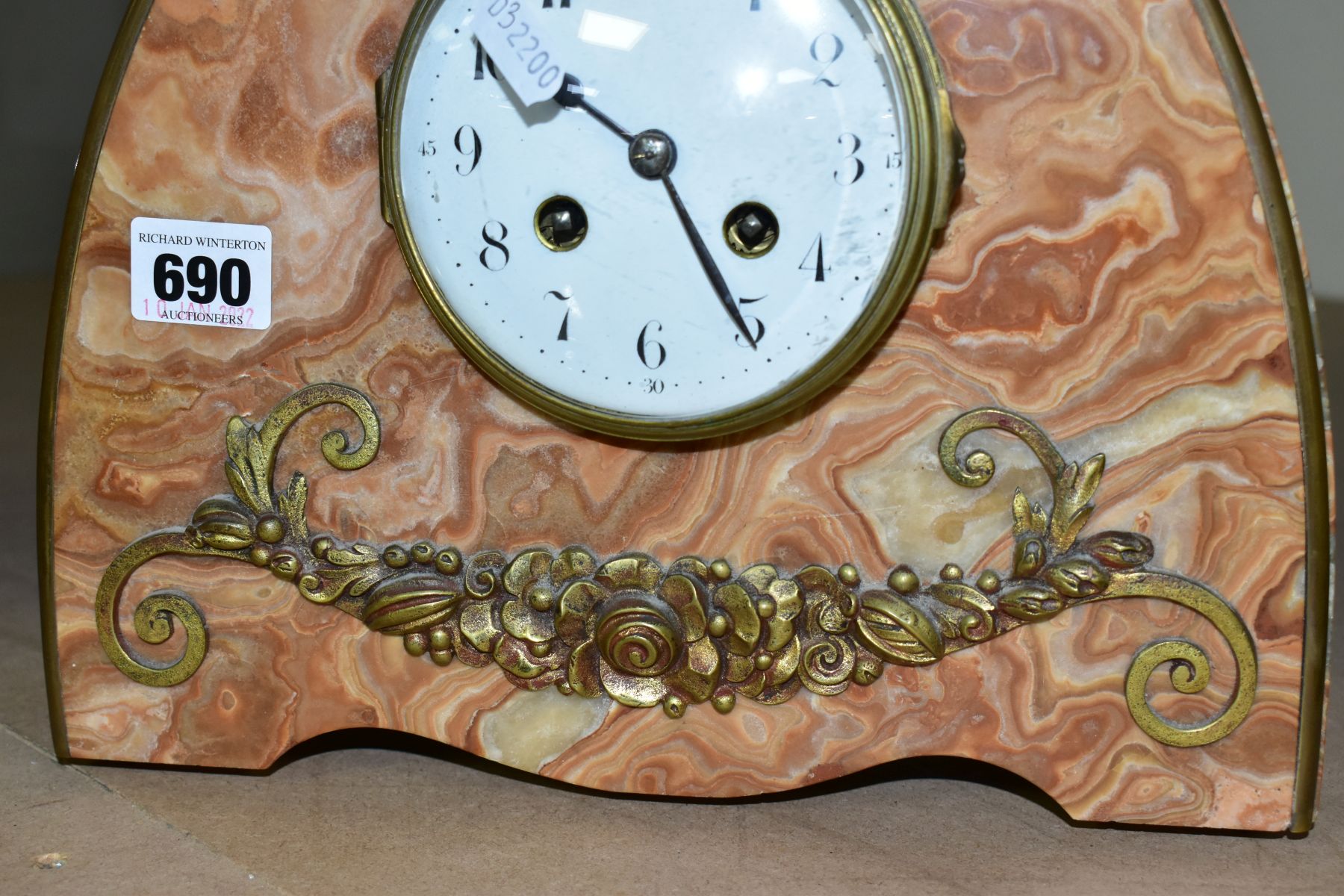 AN EARLY 20TH CENTURY JAPY FRERES ORANGE MARBLE ARCH SHAPED MANTEL CLOCK, the white enamel dial with - Image 4 of 9