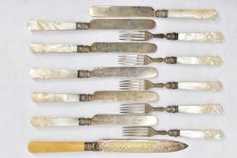 AN ALMOST COMPLETE SIX PIECE SET OF SILVER AND MOTHER OF PEARL HANDLED CUTLERY AND ONE OTHER, to