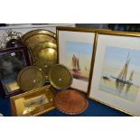 A PAIR OF GILT FRAMED RAY FIGG LIMITED EDITION PRINTS, MIRRORS, METALWARE, ETC, comprising a small