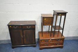A MAHOGANY TWO DOOR CABINET, a tv cabinet, an oak sewing box and a plant stand (4)