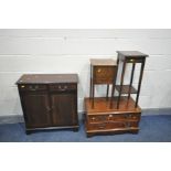 A MAHOGANY TWO DOOR CABINET, a tv cabinet, an oak sewing box and a plant stand (4)