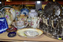 A QUANTITY OF CERAMICS AND METALWARE, including a set of twelve EPNS goblets, an oval twin handled