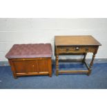 AN OAK SIDE TABLE/EXTENDING DINING TABLE, with two drawers, along with a buttoned blanket chest (2)