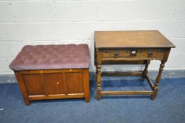 AN OAK SIDE TABLE/EXTENDING DINING TABLE, with two drawers, along with a buttoned blanket chest (2)