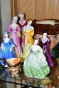 A COLLECTION OF ROYAL DOULTON CHARACTER JUGS, ROYAL WORCESTER, COALPORT AND OTHER LADY FIGURES,