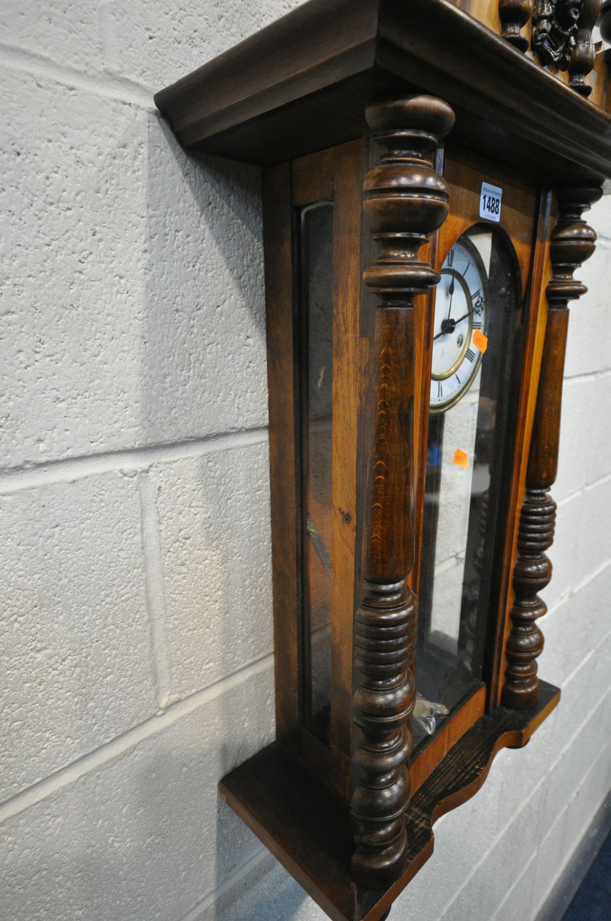 A LATE VICTORIAN GUSTAV BECKER WALNUT VIENNA WALL CLOCK, with ceramic horse pediment, winding key - Image 5 of 5