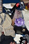 A BOX AND LOOSE BAGS, VINTAGE AND MODERN MEN'S CLOTHING ETC, to include a leather case, a Bergand