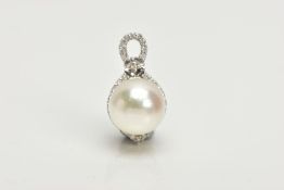 A 9CT WHITE GOLD PENDANT, designed with a central cultured pearl, within a brilliant cut diamond