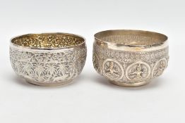 TWO WHITE METAL DISHES, two dishes embossed with south Asian artwork, one dish embossed with