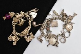 TWO SILVER CHARM BRACELETS, the first fitted with seven charms in forms such as a lamp, train,